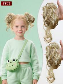 2 PIEZAS Pieza de cabello ondulado rizado sintético para moño de niños, extensiones de cabello corto, adecuado para que los niños usen pelucas, rosquillas, moños de cabello, accesorios para el cabello de niñas y diademas