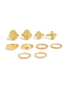 Gold Knuckle Rings Set For Women Virgin Mary Jesus Cross Ring Plain Cubic Zirconia Ring Adjustable Ring Set Religion Prayer Faith Jewelry Gift 10Pcs/Set