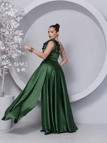 Long Dress For Bridesmaid – One Shoulder With Ruffle And Slit Elegant Simple Elegant Party Satin Side Opening Zipper Pleated Bridesmaid Civil Wedding Debutante Graduate Formal And Evening - 橄欖綠 - 查看 5