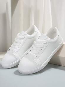 1双女式2025新款经典系带平底白色运动鞋，休闲学生鞋，滑板鞋 - 白色 - 查看 7