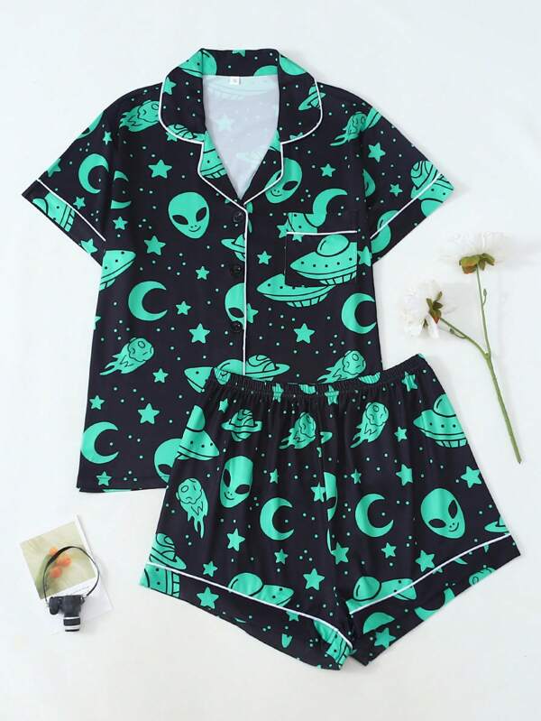 Set de pijama de 2 piezas con top de manga corta y pantalón corto con estampado de noche negra para Halloween, cómodo y holgado, adecuado para usar en casa y al aire libre, primavera/verano