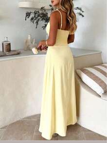 Women's Elegant & Sexy Blue Spaghetti Strap Bowknot Waist A-Line Maxi Dress, With Bowknot & Pleated Bust Decor, Suitable For Afternoon Tea, Shopping, Dating, Vacation Or Party Wear, Spring/Summer & All Season Sleeveless Maxi Dress (Recommend Ordering One Size Down) - Yellow - View 3