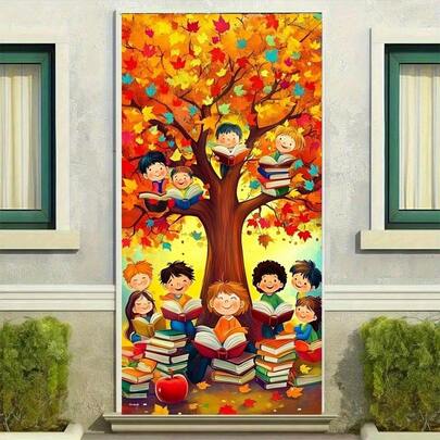 2D 门旗，1 件充满活力的秋季学校儿童门旗 - 耐用涤纶，无需电力 - 彩色树和年轻人设计，适用于前门、门廊、室内和室外装饰，适合返校、生日、婚礼和花园庆祝活动、学校装饰