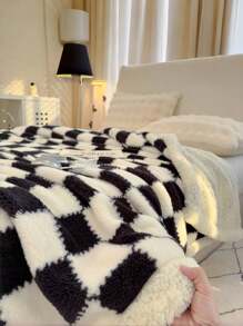 1 pieza de doble capa de piel sintética de panda a cuadros, guadaña de cordero, manta, adecuado para uso en todas las estaciones en dormitorio, sofá, oficina, cama - Cuadrícula en blanco y negro - Ver 8