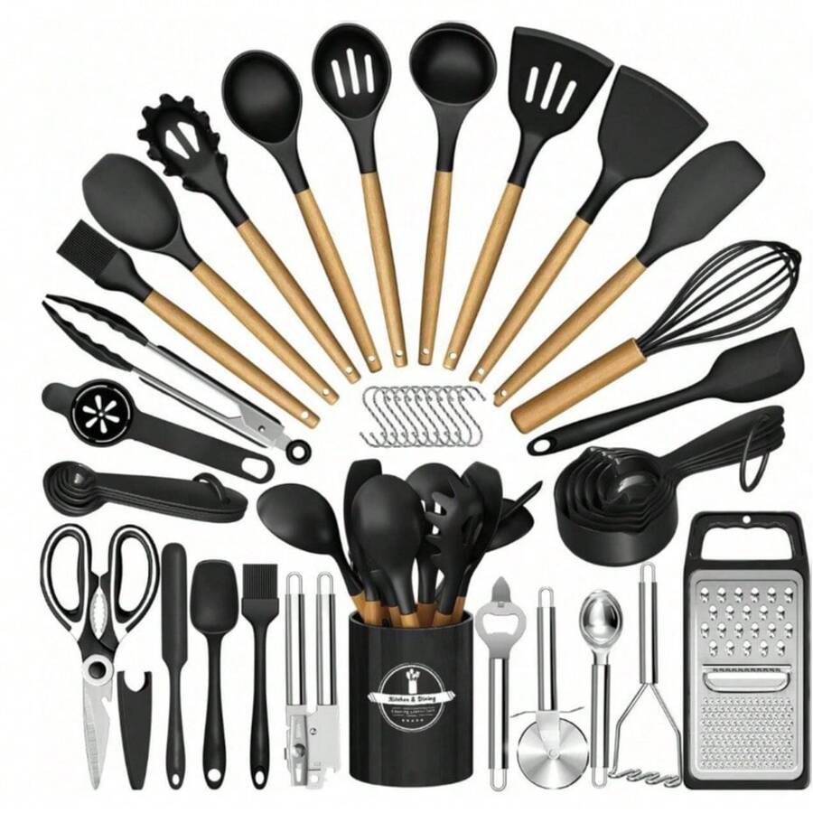 44-Piece Wooden Handle Silicone Kitchenware Set Storage Bucket Non-Stick Shovel Spoon Cooking Set - Black - View 1