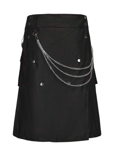 Men's Utility Kilt Tactical Highland Solid Patchwork Pocket Kilt With Chain