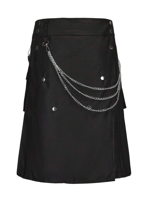 Men's Utility Kilt Tactical Highland Solid Patchwork Pocket Kilt With Chain