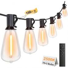 Cadena de luces para exteriores de 45.7m con mando a distancia, decoración de patio de jardín con blanco cálido de 2500 K, 75 + 3 bombillas LED Edison - 50 pies - Ver 1