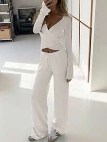 Conjunto de 2 piezas para mujer con bolsillos, en unicolor, estilo vintage y elegante con un nudo