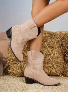 Fall/Winter 2025 Women's Retro Embroidered Mid-Calf Boots, Mid-Heel Pointed Toe Western Boots, Women's Faux Leather Riding Boots,Cowboy Boots