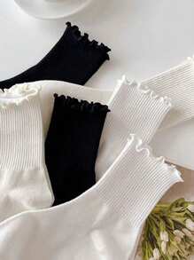 1 Pair/3 Pairs/6 Pairs Japanese Style Cuffed Ankle Socks, Elastic & Non-Binding, Breathable & Skin-Friendly, Suitable For All Seasons, Cute Ruffle Edge Socks For Women