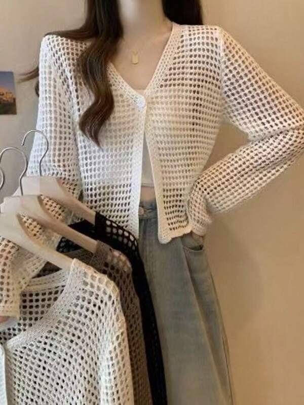 1pc Short Hollow Out Single Button Lightweight Mesh Knit Cardigan For Women, Thin Shawl Outerwear To Pair With Camisole Tops, Summer