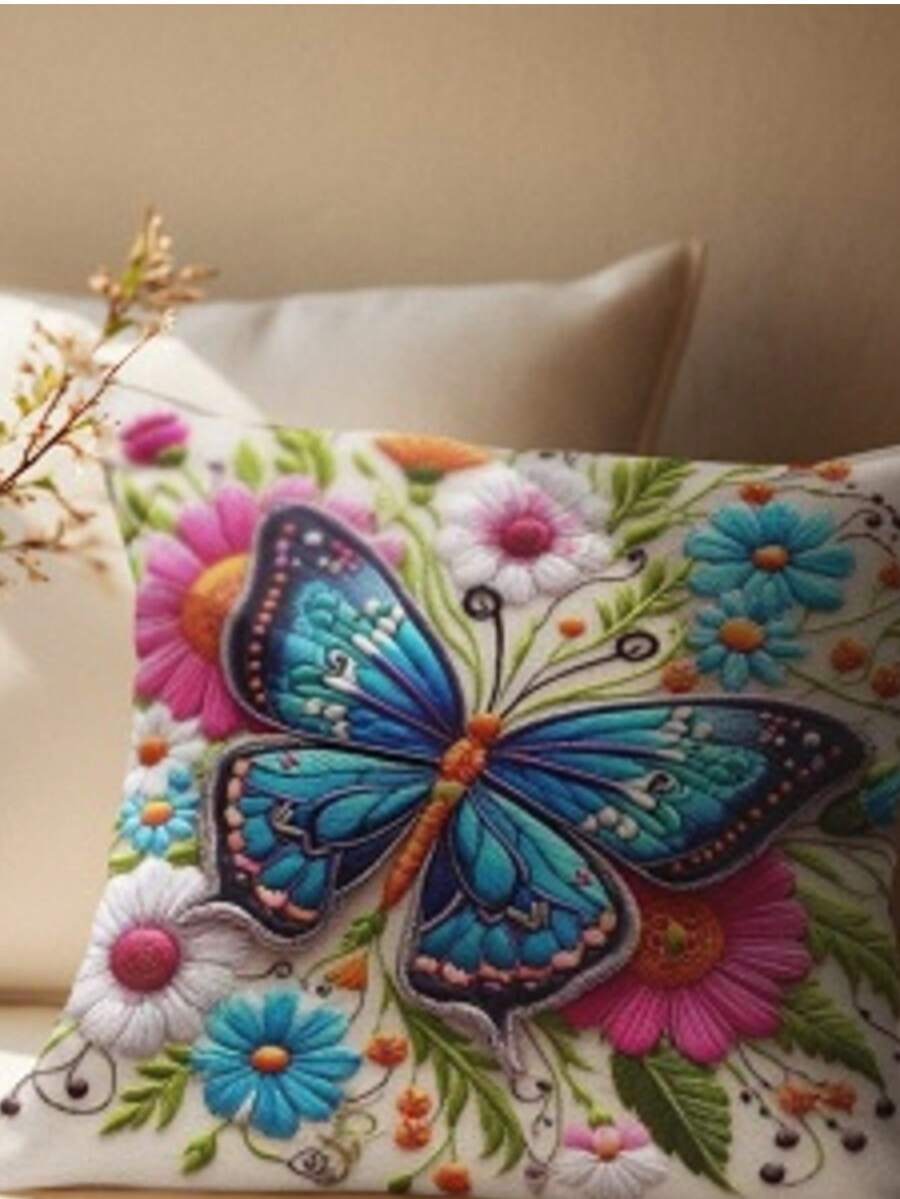 Decorative Oxford Cushion Cover Embroidered Rustic Boho Living Room Bedroom 45x45 Animals Living Room Bedroom Style - 蝴蝶仿繡 - 查看 1