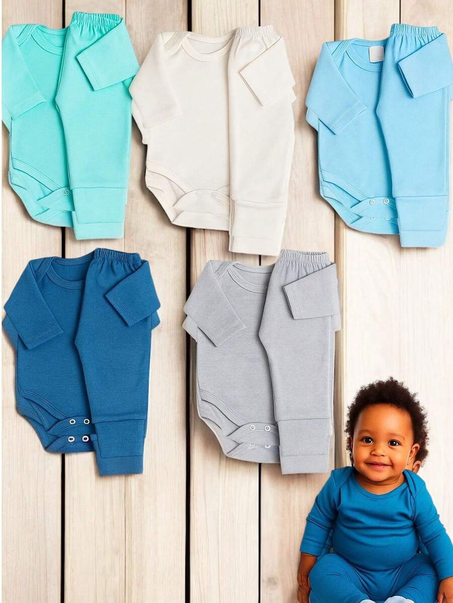 4 Piece Kit Long Sleeve Bodysuit And Foot-Turning Pants 100% Cotton Baby Boy And Girl Layette Newborn Up To 12 Months Motherhood Jumpsuit 2 Sets - Màu xanh nhạt - Xem 1