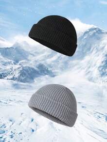 1 件裝男用黑色保暖舒適翻邊無簷小便帽冬帽 - 黑色 - 查看 1