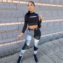 Women High Waist Patchwork Jeans Stretchy Denim Pants - 黑色 - 查看 2