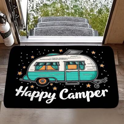 1pc Camping Van & "Happy Camper" Pattern Doormat, Modern Minimalist Bathroom Rug, Absorbent Non-Slip Welcome Mat, Dirt Trapping Small Carpet, 1cm Thick Rectangular Floor Mat, Bathroom Non-Slip Mat, Modern Minimalist Design, Absorbent, Non-Slip And Durable Flannel Bathroom Non-Slip Mat, Odorless Absorbent Non-Slip Rug