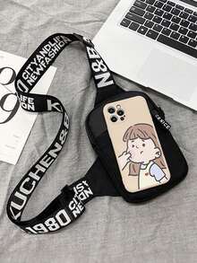1件休閒斜紋字母印花胸包－刺繡字母肩帶輕量斜跨包，耐用運動跑步腰包，適合學生／男孩／年輕人，戶外旅行與日常使用－完美禮物選擇 - 黑色 - 查看 3