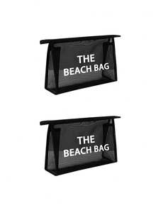 1 件网状镂空尼龙“THE BEACH BAG”、“BEACH PLEASE”、“Beach Viles”白色字母印花女士便携网眼化妆包，海滩度假旅行便携大容量多用途化妆包，女士化妆包旅行盥洗收纳包 - 黑色 - 查看 14
