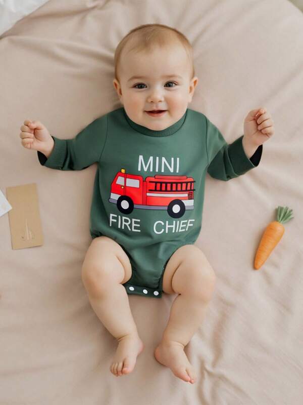 Baby Boy Autumn Sweatshirt Jumpsuit Long Sleeve Round Neck Fire Engine Embroidery Romper