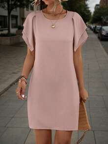 New Simple Solid Color Round Neck Ruffle Hem Casual Dress, Spring/Summer, Valentine Day - Pink - View 8