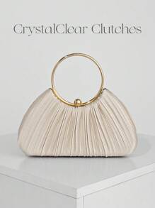 Elegante clutch da sera in raso plissettato a forma di scatola, borsa da abito formale con manico in metallo, adatta per abbinare abiti da ballo, festa, matrimonio, sposa, damigella, abito da compleanno, borsa color champagne