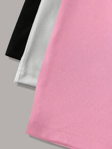 3pcs  set pack conjunto camiseta casual de mujer de unicolor, cuello redondo, manga corta, versátil - Rosa - Ver 4