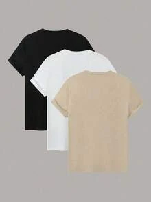 3pcs  set pack conjunto camiseta casual de mujer de unicolor, cuello redondo, manga corta, versátil - Café integral - Ver 2