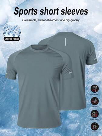 男士轻盈透气吸湿排汗短袖运动 T 恤，休闲印花反光条纹，纯色基本款圆领，适合户外骑行、跑步、健身房锻炼