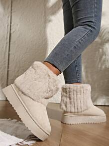 Girl's Thick Sole Thermal Lined Snow Boots, Warm Outdoor Anti-Slip Flat Boots With Knitted Cuff, Chunky Sole Winter Boots, Classic Mid-Calf Boots For Girls, Teens, Students