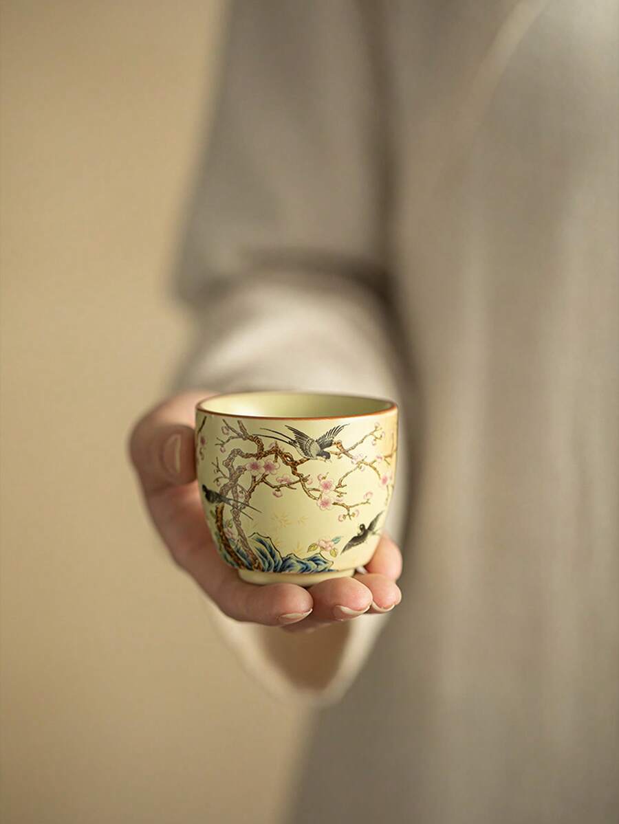 1/2 件中国风米色汝窑花鸟茶杯，中式田园图案茶杯，客人杯，品茶杯，功夫茶具，居家娱乐，乔迁礼物，奖励礼物 - 彩色 - 查看 1