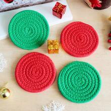 8pcs Mixed Christmas Red & Green Round Woven Drink Coasters, Handmade Thick Heat-Resistant Absorbent Coaster Set, For Christmas Table, Gifts, Home Party Decor (4.33inch/11cm Diameter)