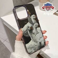 Compatible With IPhone 16 Pro Max 16e 15 Plus 14 13 12 11 XS Max XR X Goose Gathering Pattern Durable Magnetic Grip Shockproof Anti-Scratch Non-Yellowing Matte Translucent Colorful Border Protective Cellphone Case Gift - Black - View 2