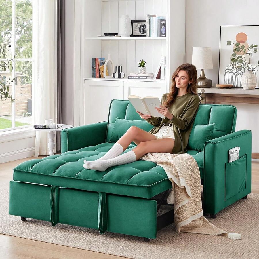 3 In 1 Convertible Sleeper Sofa Bed, Modern Velvet Loveseat Futon Couch W/Pullout Bed, Small Love Seat Lounge Sofa W/Reclining Backrest, Toss Pillows, Furniture For Living Room, GREEN - màu xanh lá - Xem 1