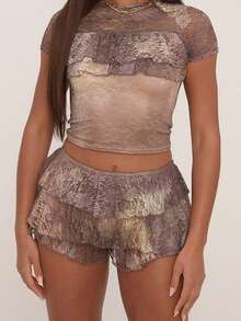 Women Lolita Bloomers Cute Ruffle Shorts Lace Pumpkin Pants .Y Boyshorts Layered Bottoms Y2k Sweet Pettipants - 棕色 - 查看 2