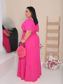 Women's Long Plus Size Dress With Wrap Around Front, Party Fashion - Hot Pink - View 2