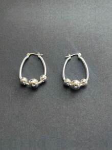 1 Pair Silver 3 Beads Hoop Earrings, Pendant Hoop Earrings, Suitable For Women, Delicate Earrings