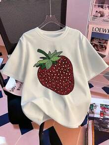 Mujer Camiseta de mujer México Envío Tela transpirable de alta calidad Manga suelta Estampado de  Lavado a máquina Fresco Deportes Cuello redondo Casual Manga corta Versátil Nueva Era  Lavable a máquina, top casual de cuello redondo de deportes de trabajo estudiantil, moda cómoda y moderna |vestidos de mujer verano almacen localCamiseta de manga corta blanca para mujer con estampado de fresa adornado con strass brillante, estilo casual moderno, ideal para uso diario en primavera y verano, tejido suave y transpirable para comodidad todo el día - Blanco - Ver 1