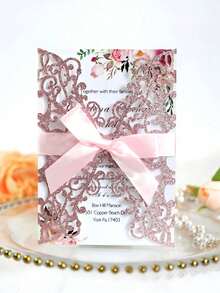 20pcs Gold Glitter Hollow Rose Design Wedding Invitations With Envelopes And RSVP Cards, Pre-Tied Ribbons, For Wedding, Bridal Shower, Engagement Party, Anniversary Best Gi - Multicolor - View 14