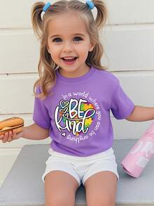 Camiseta de manga corta con estampado de lema de corazón para niña, regalo de vuelta al colegio - Morado - Ver 2