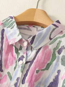 Women's Printed Short Sleeve Shirt, Spring/Summer - Mauve Purple - View 3