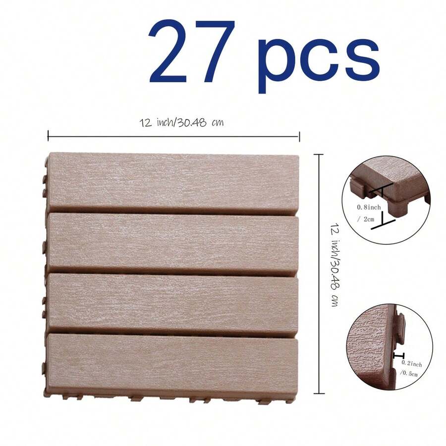 Interlocking Deck Plastic Floor Tiles (12"X12") - 27 Piece Set, Non-Slip & Durable For Patio, Balcony, Garage, Poolside - Brown - brown(27pcs) - 查看 1