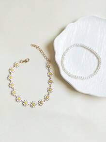 2pcs Set Fashionable White Faux Pearl Yellow Daisy Flower Beach Anklet, Suitable For Daily, Vacation, Beach, Photo-Taking In Summer