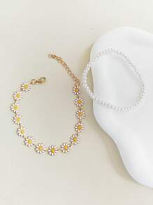 2pcs Set Fashionable White Faux Pearl Yellow Daisy Flower Beach Anklet, Suitable For Daily, Vacation, Beach, Photo-Taking In Summer