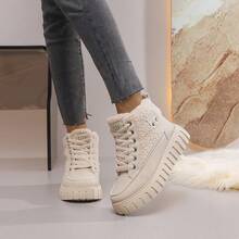 女士羊毛雪地运动鞋，舒适保暖冬靴，高帮女士冬季羊毛雪地靴 - 卡其色 - 查看 5