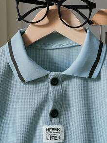 Toddler Boys Fresh Blue Outfit - Half-Open Collar Long Sleeve Polo Shirt + Contrast Trim Jogger Pants, Fashionable & Energetic Set Suitable For Spring/Autumn School, Outdoor, Casual Wear