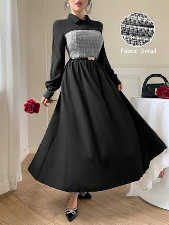 abyoxi 黑色撞色长袖休闲 A 字衬衫中长连衣裙，休闲性感，适合通勤、工作/办公室服装、返校、女士秋冬服装