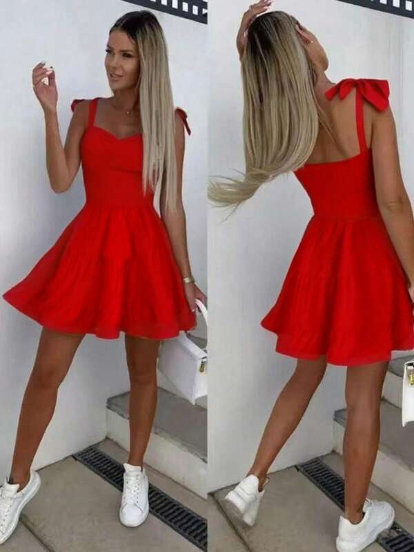2025 Elegant Woven Fabric Front Tie Bow Short Dress, Suitable For Beach, Evening Dates, Weddings, Parties, Gardens, All Seasons