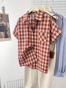 Women's Plaid Single-Breasted Short Sleeve Pocket Casual Shirt
