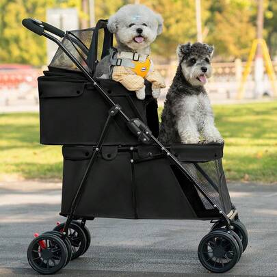Doppelschichtiger Hunde- und Katzenwagen, 3-in-1 faltbarer Haustierwagen für 2 Haustiere, doppelschichtiger Katzen- und Hundewagen, doppelter Haustierwagen, faltbarer vierrädriger Katzen- und Hundewagen, Hundebuggy, Kinderwagen – Joggingwagen – 67 x 50 x 95 cm
